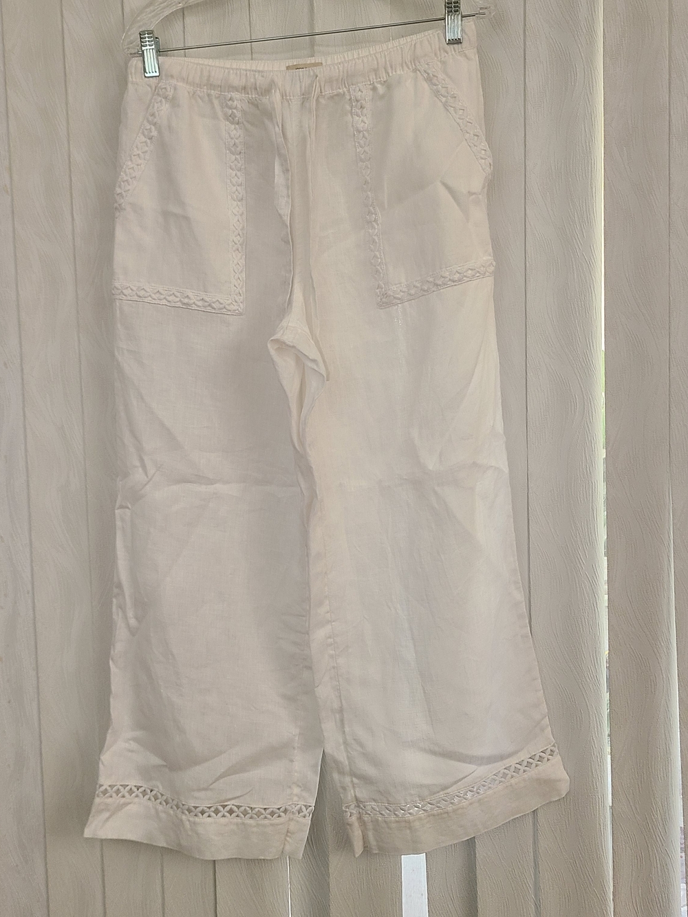 Joie Sz M White Solid Linen Lace Accents Elastic Waist Pockets Wide Leg Pants